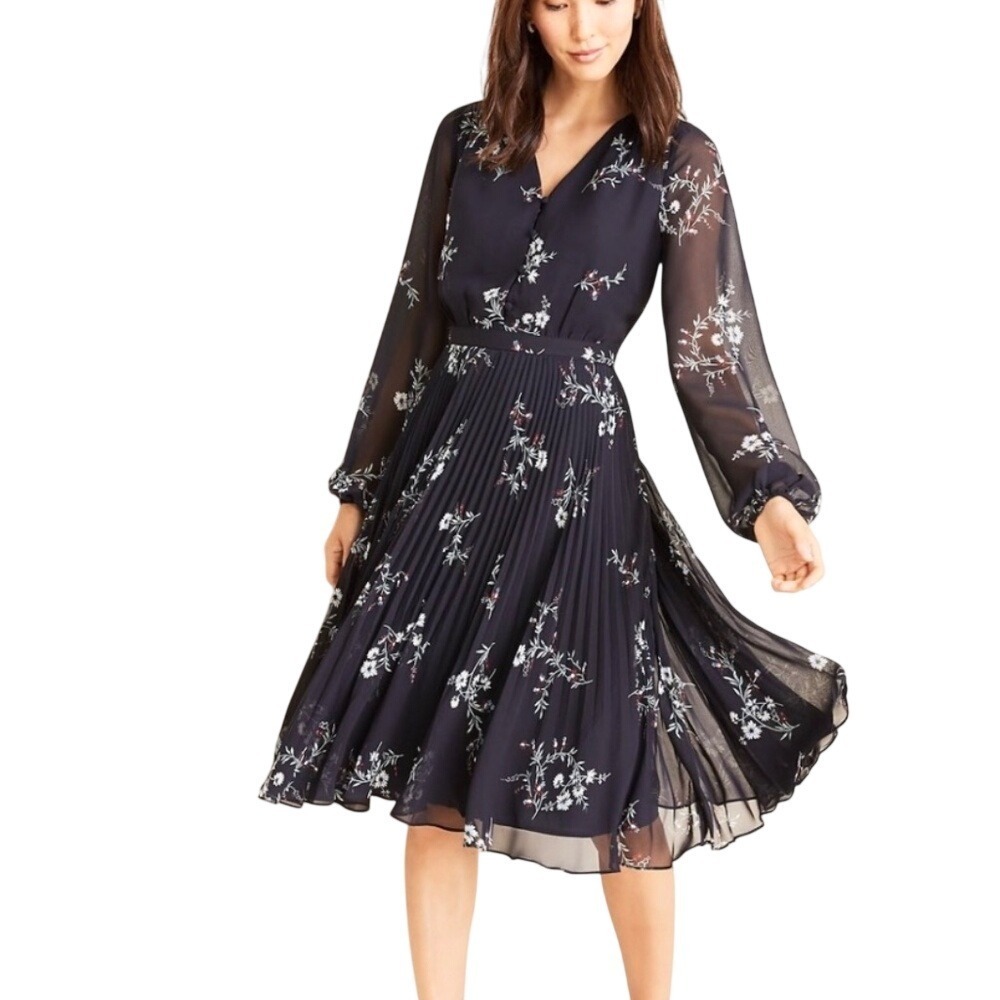 Ann Taylor Floral Pleated Midi Dress 10 Navy Blue